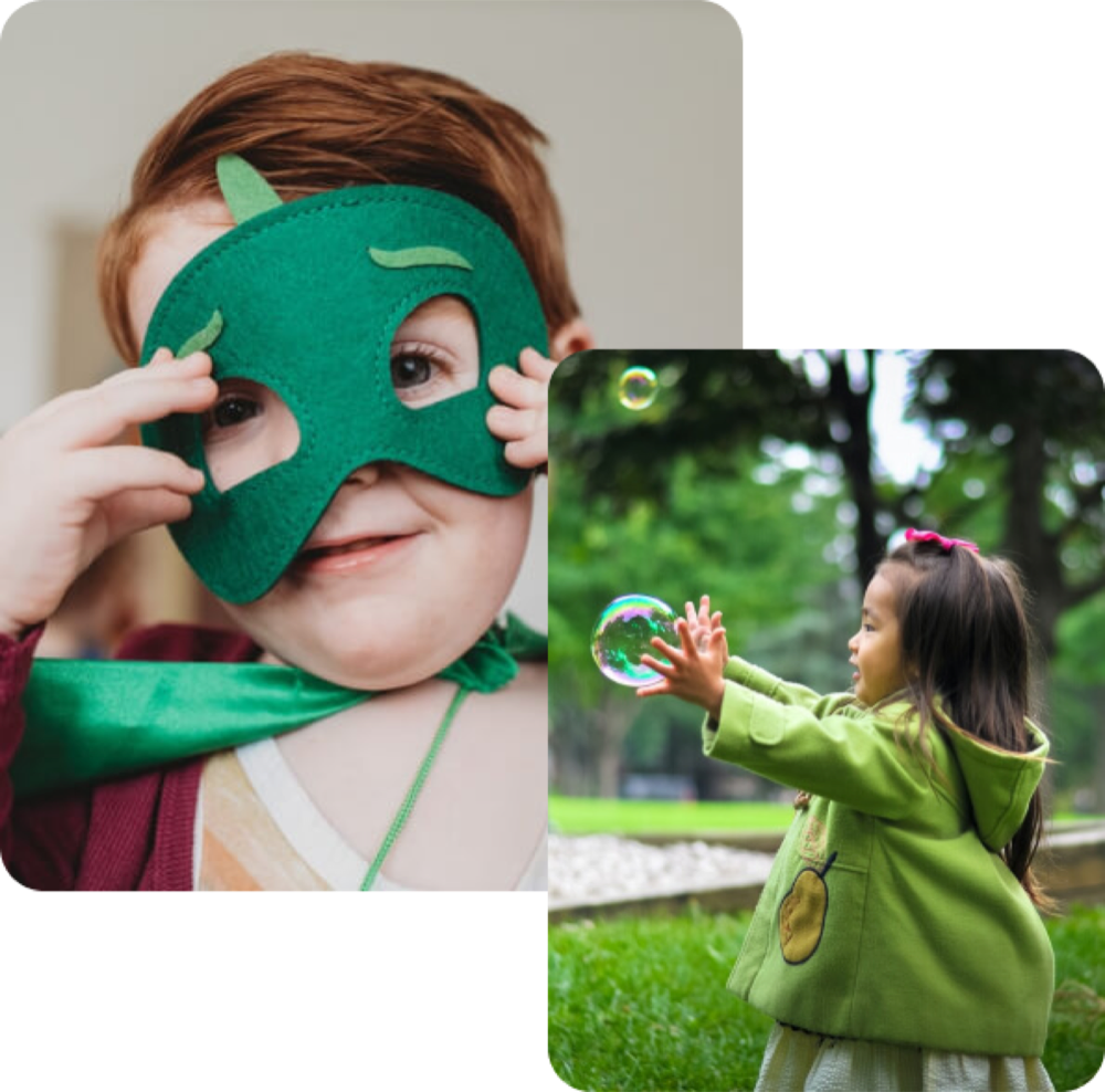 A child in a leaf mask and a girl reaching for a soaring bubble